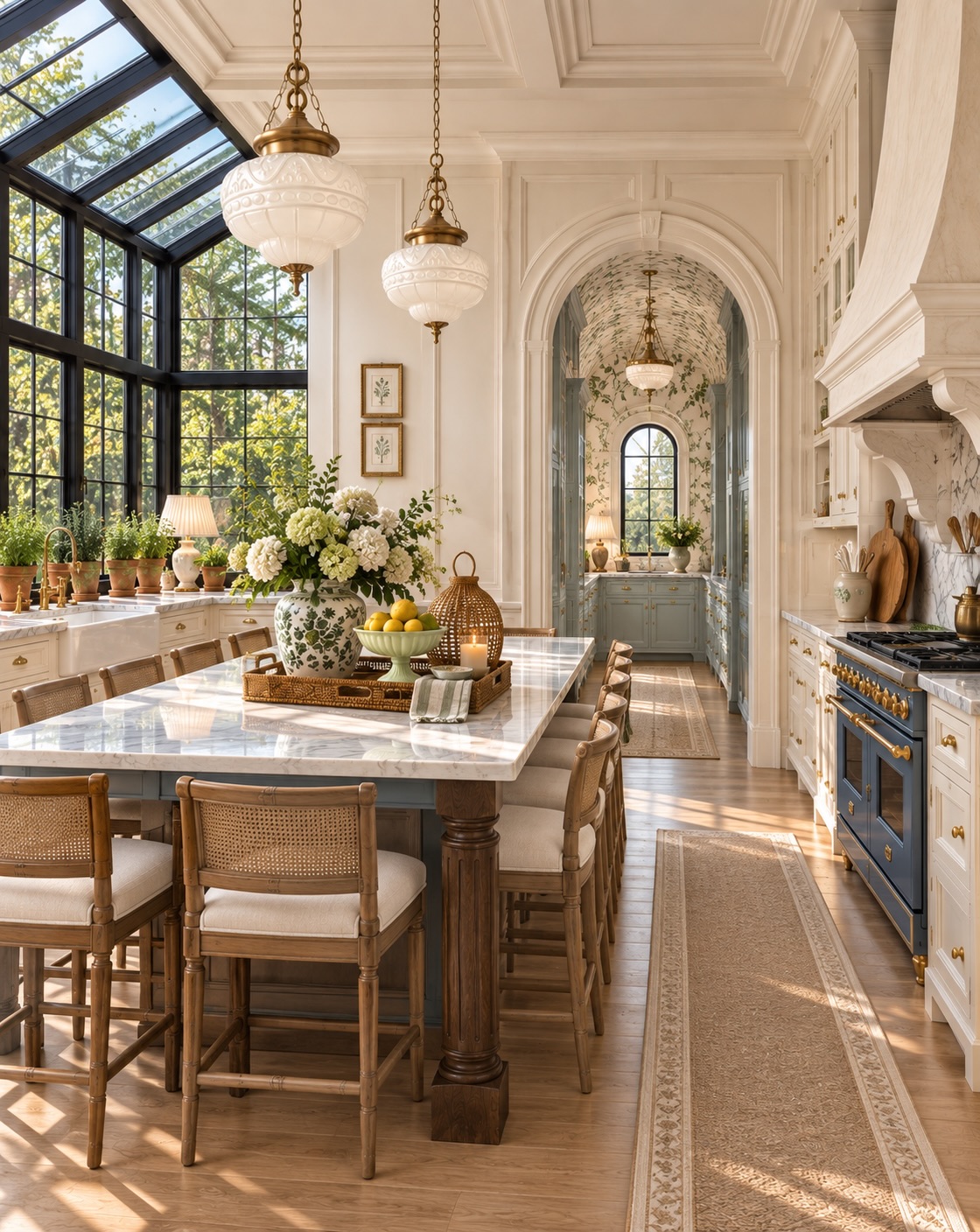A neoclassical kitchen concept with a blue island, warm wood details, and decorative lighting.