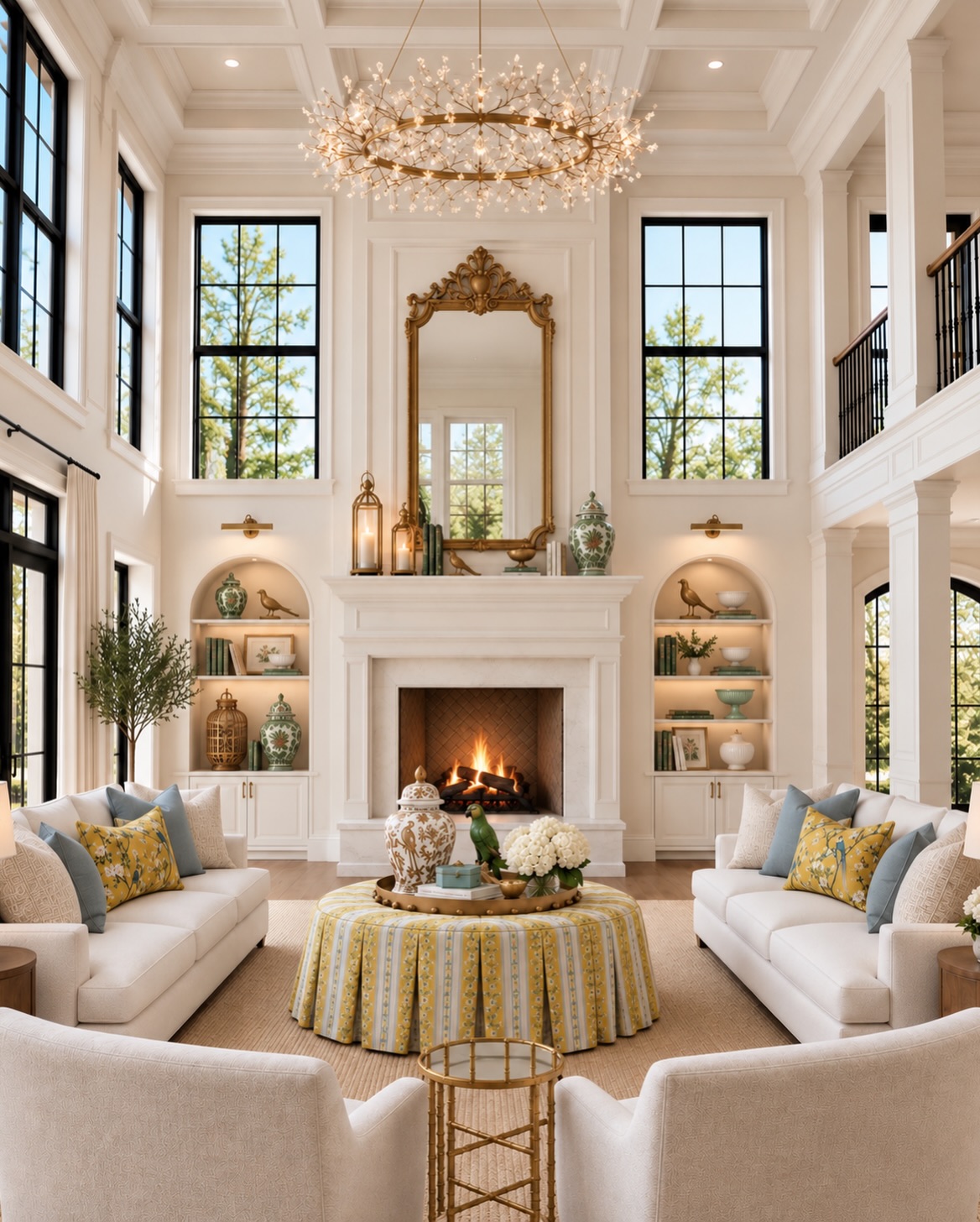Neoclassical living room with botanical patterns, soft blue seating, and warm brass details.