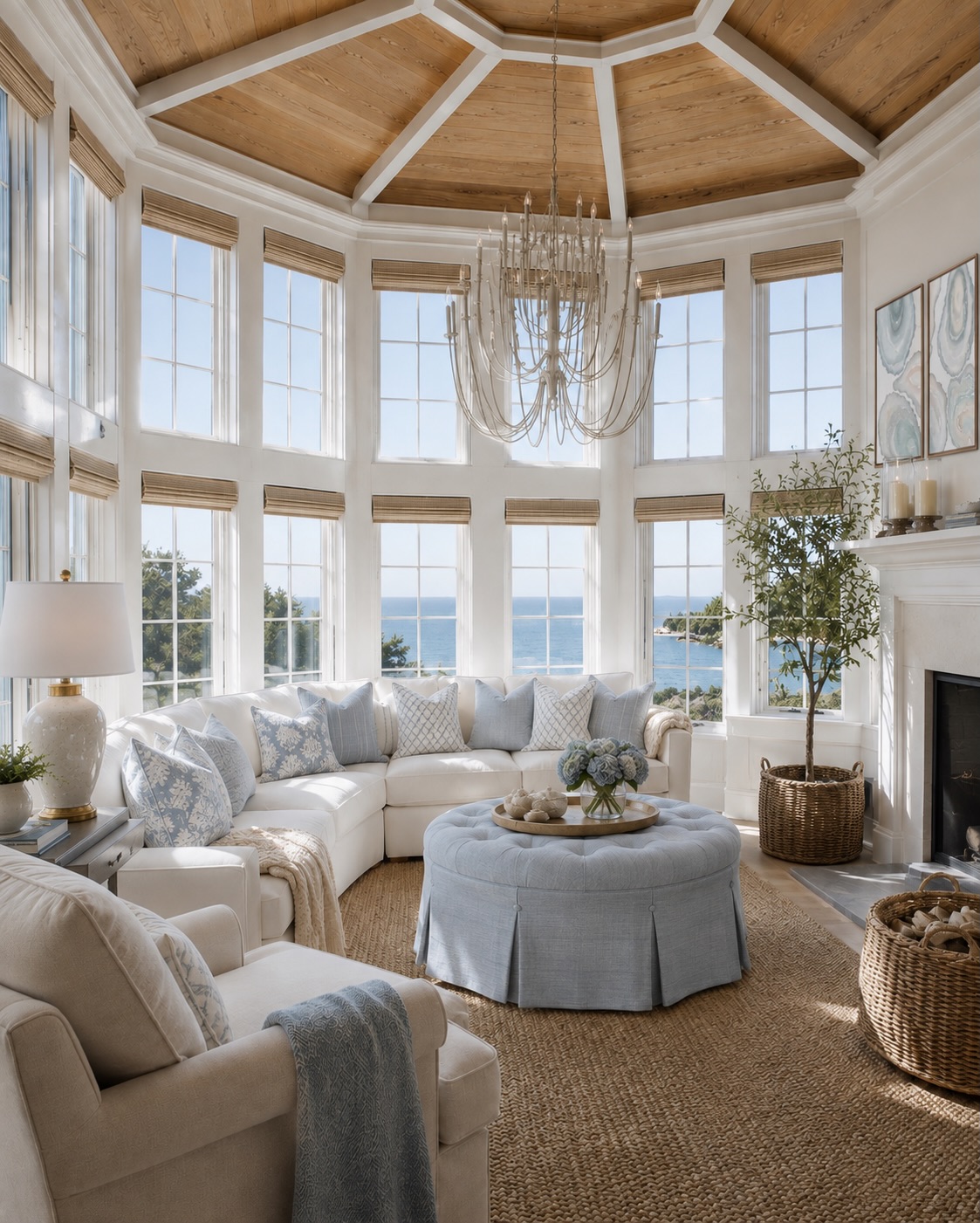 Coastal living room with tall windows, a wood ceiling, white seating, and a tufted blue ottoman.