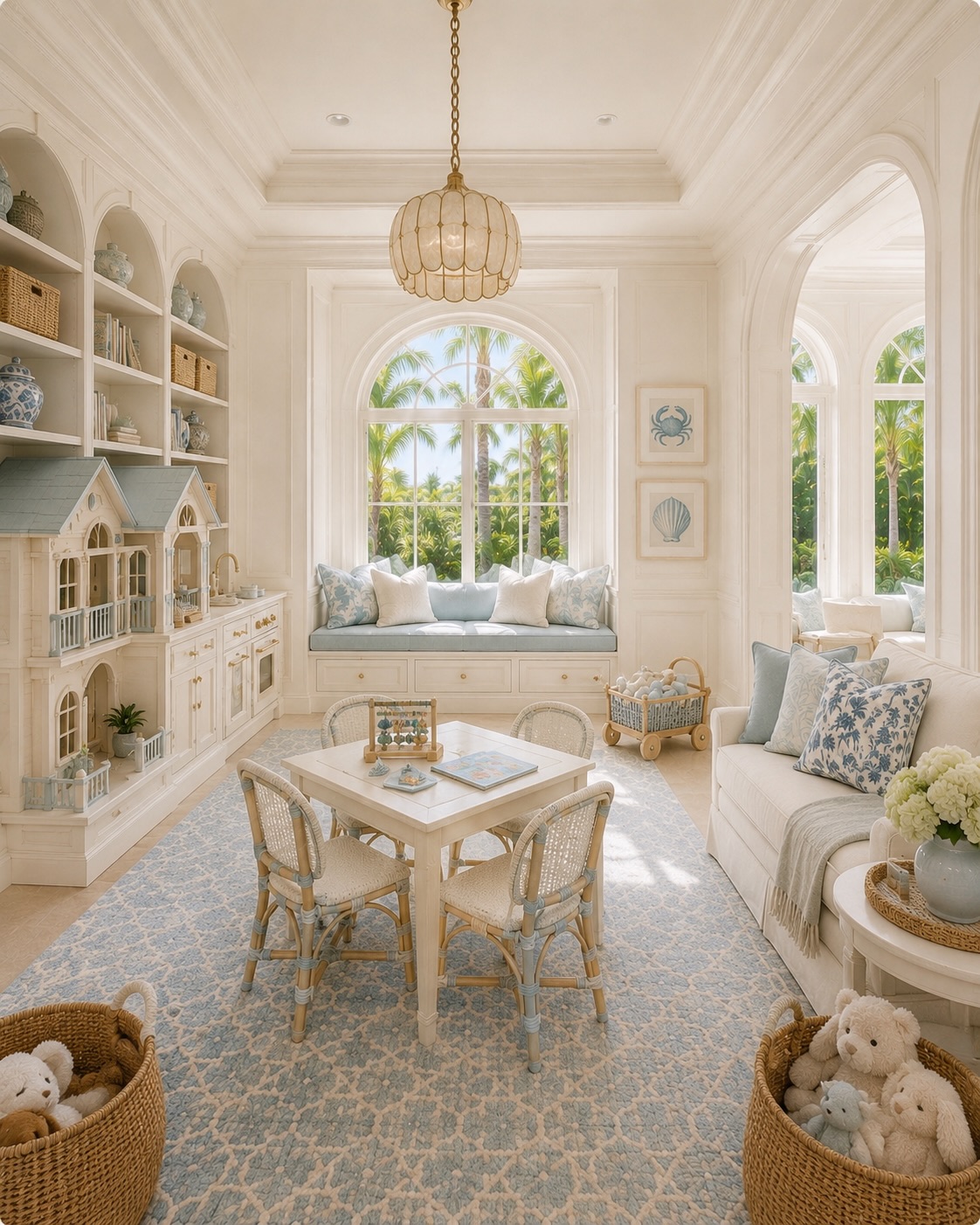Coastal playroom with built-in toy storage, a window seat, woven chairs, and a low play table.