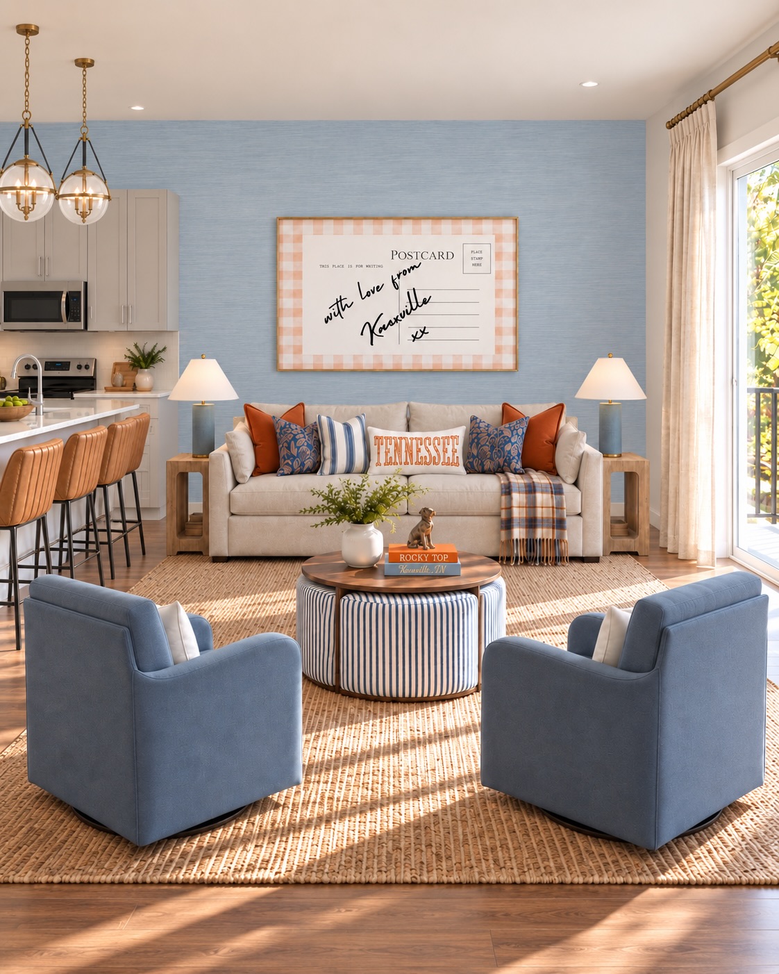 Knoxville vacation rental rendering with blue chairs, orange accents, and a welcoming sitting area.