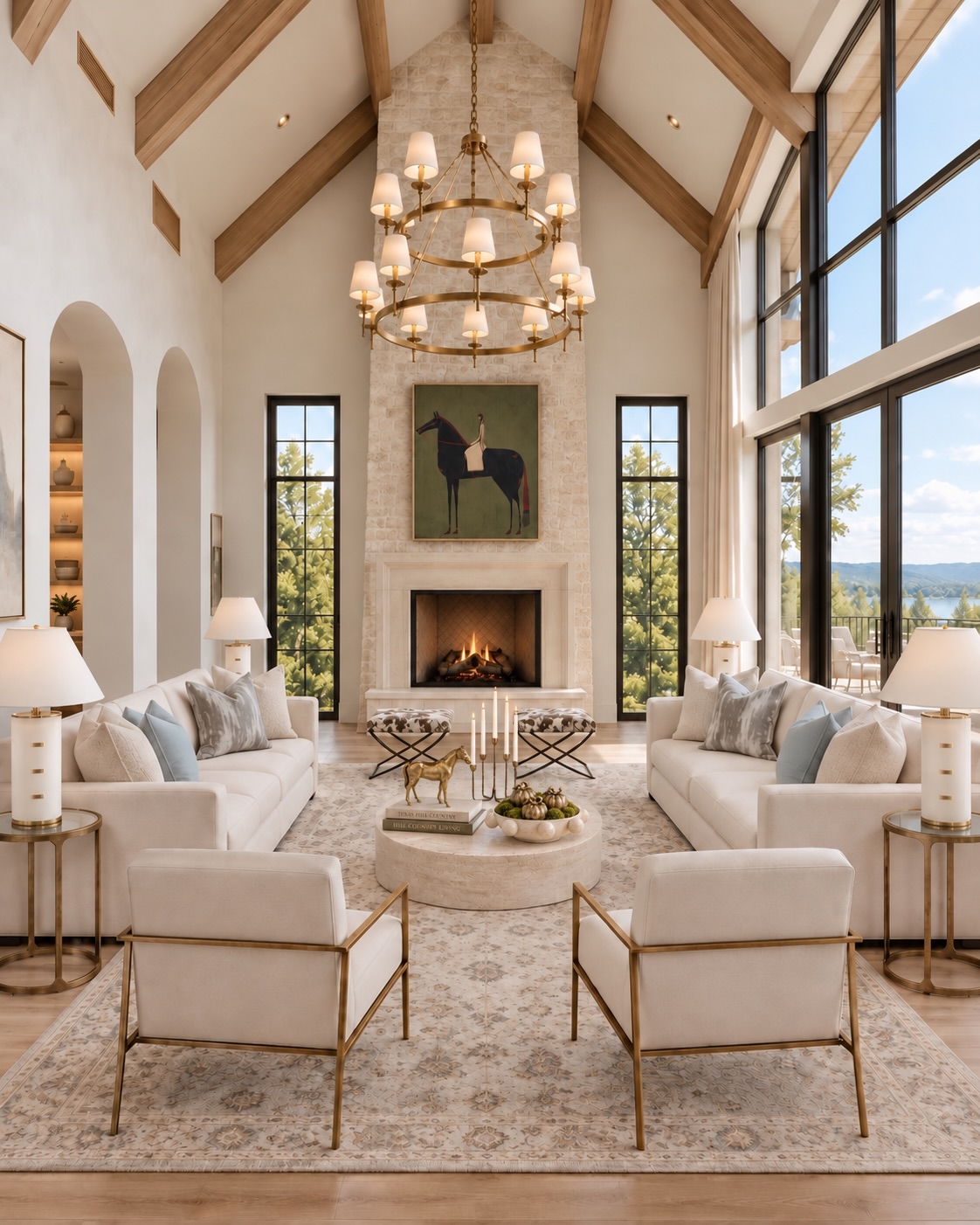 Texas Hill Country living room with soaring wood beams, a limestone fireplace, and soft neutral furnishings.